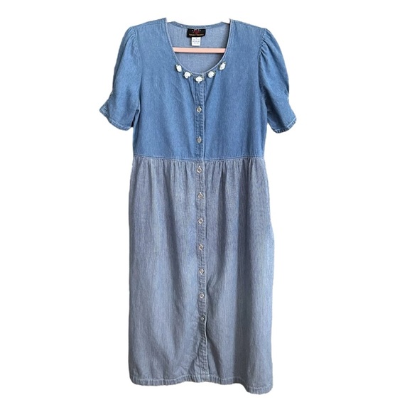 Vintage 90s TRULY YOURS Denim Pearl Button Up MIDI Dress Pockets White Rosettes - Picture 14 of 15